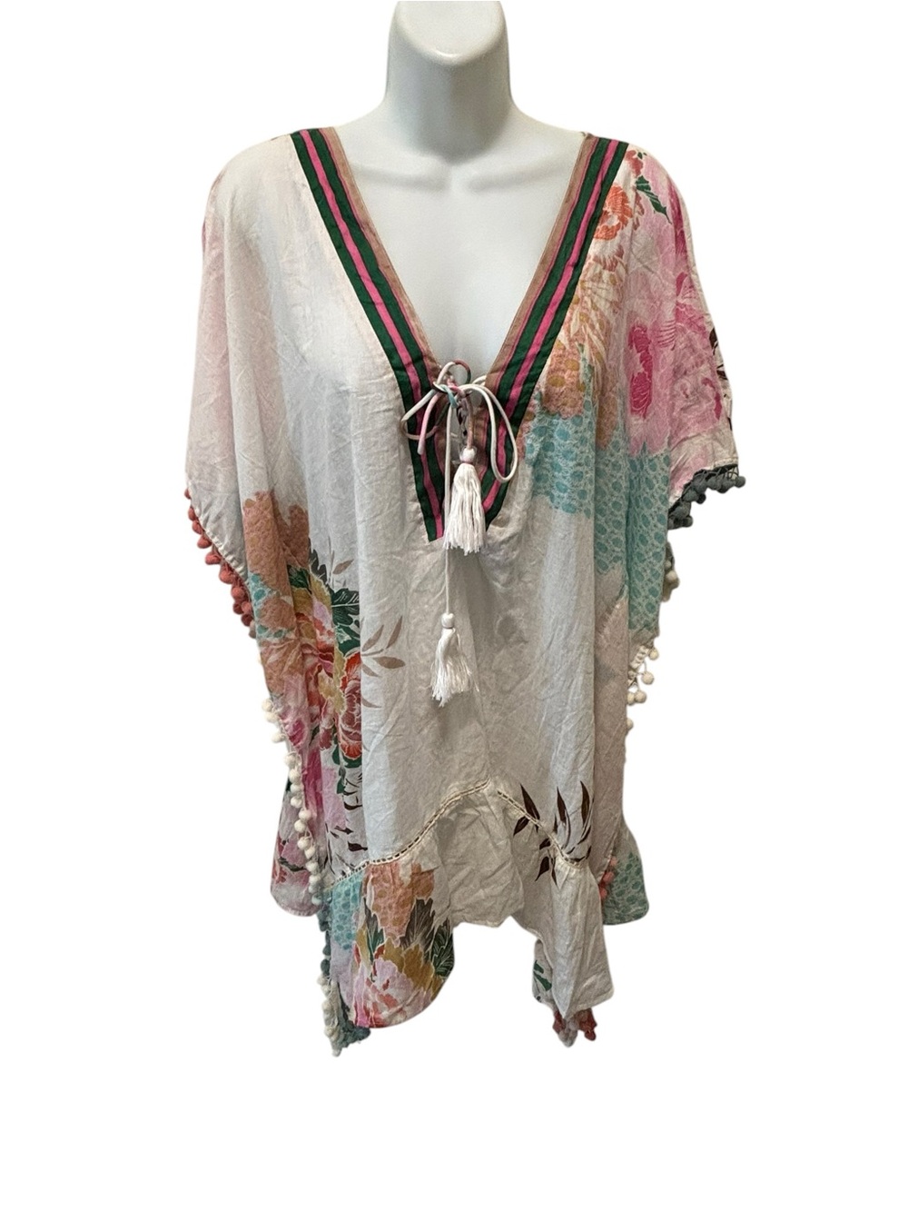 NWT Z&L EUROPE Boho Floral Pom Pom Kimono Swim Coverup/Top OS Floral Cottagecore